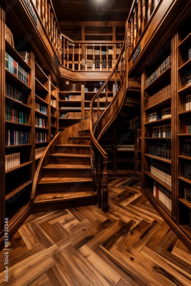 Fototapeta premium Elegant wooden library with spiral staircase, filled with books, offering a cozy and sophisticated reading environment.