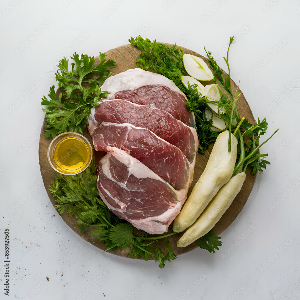 Fototapeta premium Raw meat on a plate with green coriander and raddish white background