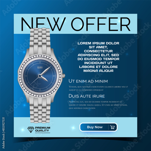 Wristwatch ad banner. Silver wrist clock. Luxury watch advertising. Jewel metal. Diamond gems. Shop web promotion. Timepiece classic dial. Time accessory. Vector marketing background