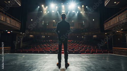 A man practicing speech in empty auditorium, preparing to Inspire and lead