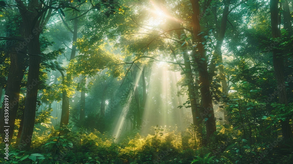 Fototapeta premium Peaceful forest setting with sun rays peeking through trees, illuminating the lush greenery