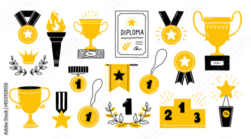Doodle trophy. Winner award. Gold medal with ribbon. Hand drawn champion cup prize or sport podium. Win certificate. Success achievement. Competition victory. Vector honor icons set