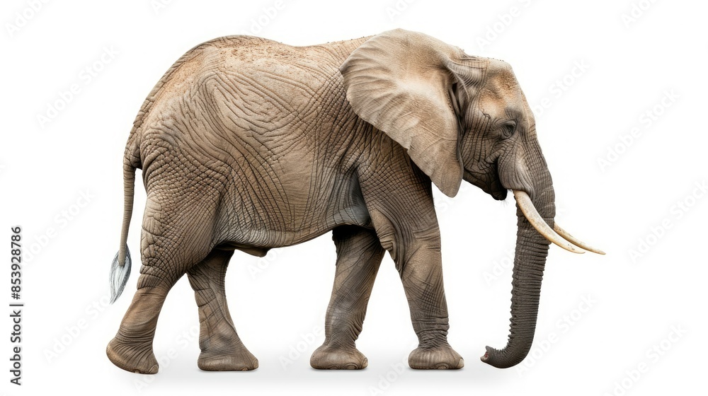 Fototapeta premium Side profile of a large elephant standing still, isolated on white