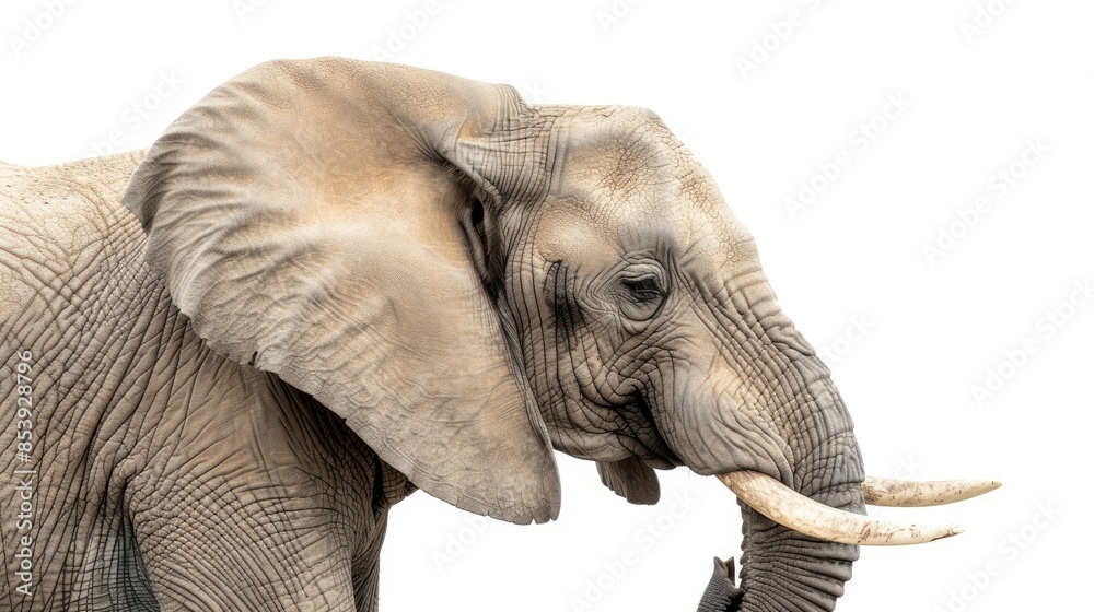 Fototapeta premium Side view of a majestic elephant isolated on a white background, showcasing its large ears and trunk