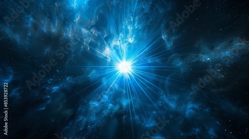 Black Background with Dynamic blue Celestial Explosion set Glowing blueish Sunburst Digital Lens Flare Color-Adjusted Light Rays wide shot