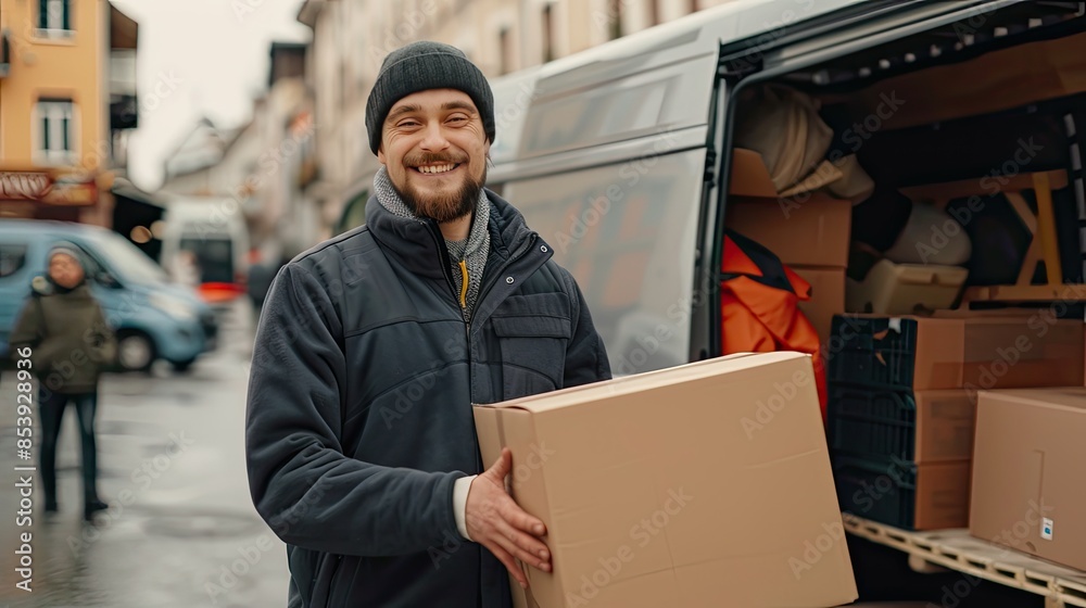 Smiling young courier delivery boy standing with a box in front of a delivery van Smiling young courier delivery boy standing with a box in front of a delivery van