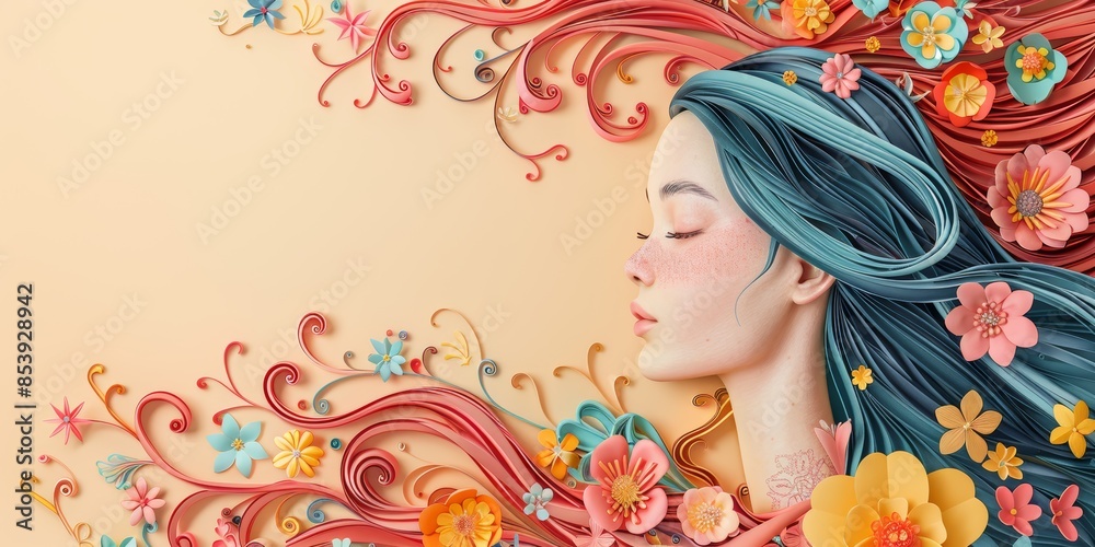 Beautiful woman with long hair and flowers in the style of paper cut on pastel background Beautiful woman with long hair and flowers in the style of paper cut on pastel background