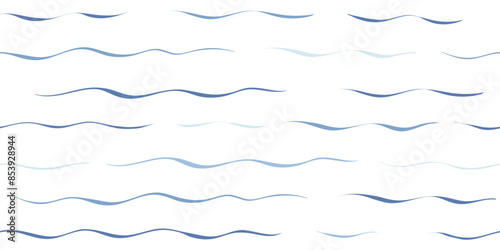 Seamless Wave Vector Pattern, watercolor water background. Wavy sea beach print, curly grunge paint lines.