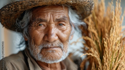 A portrait of an elderly farmer holding a sheaf of rice, their face showing years of hard work and dedication, isolated on a white background.  © chaisiri
