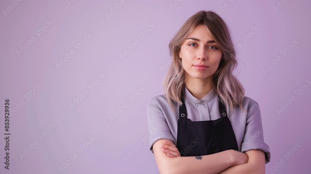 Portrait of a Female Hairdresser with Arms Crossed on Purple Gradient Background with copy space for text Portrait of a Female Hairdresser with Arms Crossed on Purple Gradient Background with copy space for text