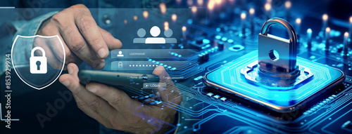 tecnología de protección de datos de alta tecnología para compras en línea.
Concepto de ciberseguridad con un candado digital y una huella dactilar sobre un fondo de placa de circuito. photo