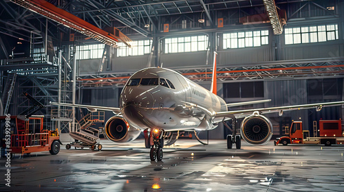 Photorealistic image of a passenger airplane undergoing engine and fuselage maintenance in a hangar detailed view of the repair activities bright and  modern aviation  photo