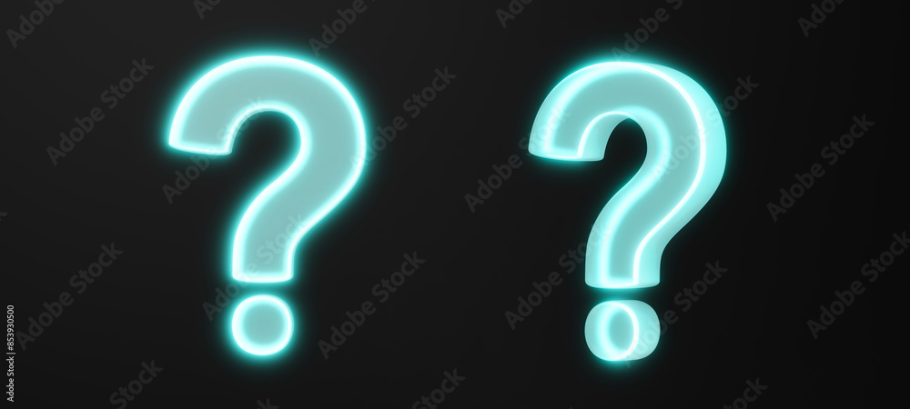 Front and side angles of blue-green or cyan neon-style luminescent question mark on black background Front and side angles of blue-green or cyan neon-style luminescent question mark on black background