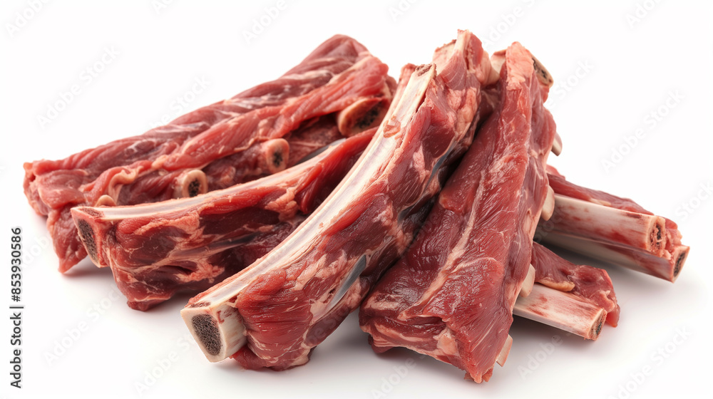 A pile of meat with bones and a white background A pile of meat with bones and a white background