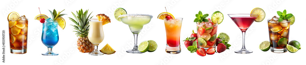 A set of popular summer alcoholic cocktails, mocktails and drinks. Isolated on white transparent background, png elements collection A set of popular summer alcoholic cocktails, mocktails and drinks. Isolated on white transparent background, png elements collection