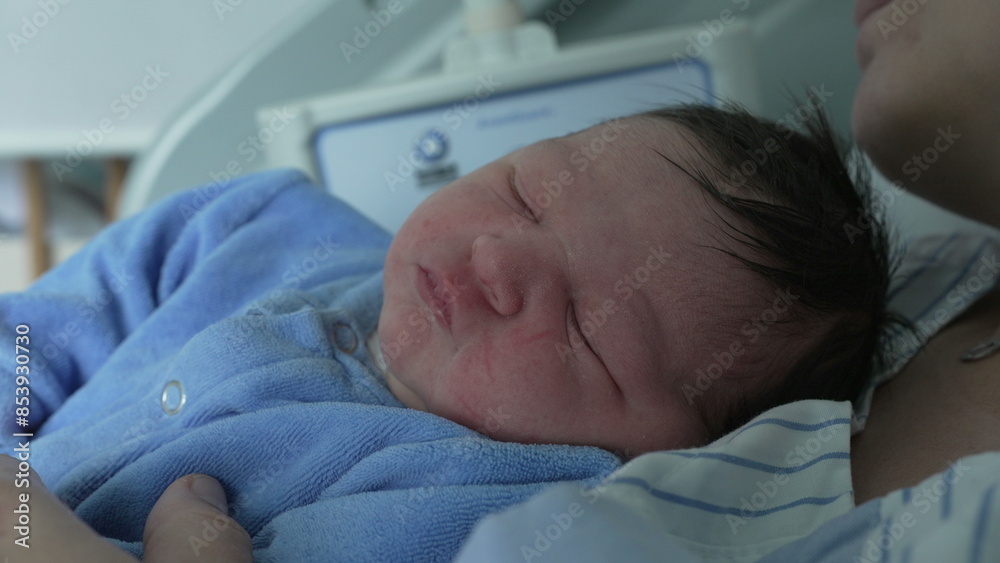 Close-up of a newborn baby in a blue onesie, peacefully sleeping on a parent's chest, highlighting the deep bond and the serene moments of early infancy in a hospital setting Close-up of a newborn baby in a blue onesie, peacefully sleeping on a parent's chest, highlighting the deep bond and the serene moments of early infancy in a hospital setting