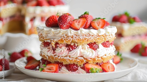 An appetizing strawberry layer cake with cream and fresh strawberries on a plate in natural light