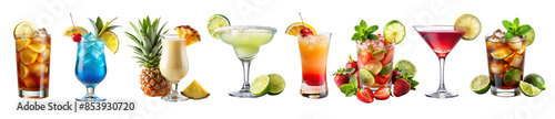 A set of popular summer alcoholic cocktails, mocktails and drinks. Isolated on white transparent background, png elements collection