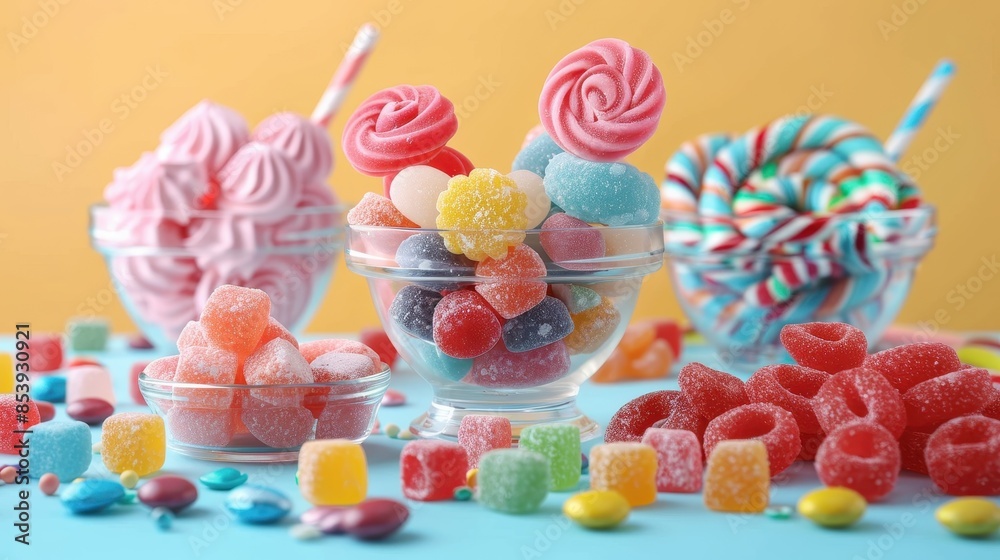 A delightful array of various colorful candies arranged on a table with a pastel background