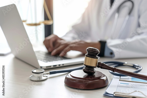 close up medic working on laptop with judge gavel and stethoscope on desk, health law and Medical negligence concept