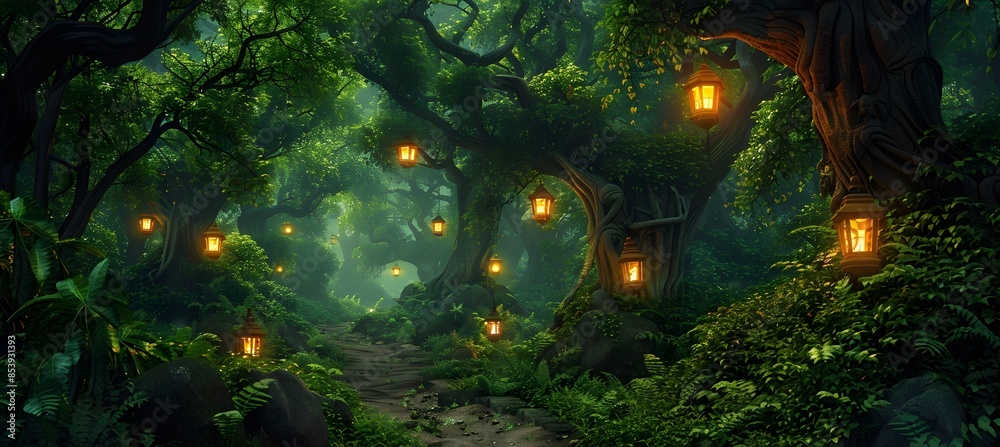 Fototapeta premium Fantasy forest with giant trees, winding paths and lanterns, green foliage
