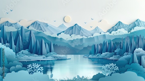 Paper cut craft illustration of a tranquil lakeside landscape photo