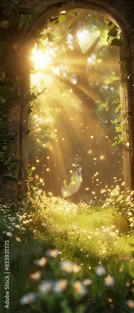 Obraz premium Sun rays illuminating a meadow with flowers and green grass, featuring a mythic magical gate, in a warm light fantasy concept, minimalist