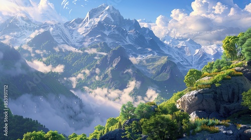 3D render of a serene mountain landscape