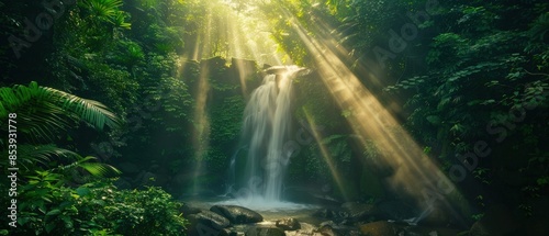waterfall in a tropical forest with beams of light creating crepuscular rays, a scene of natural wonder, Magazine Photography