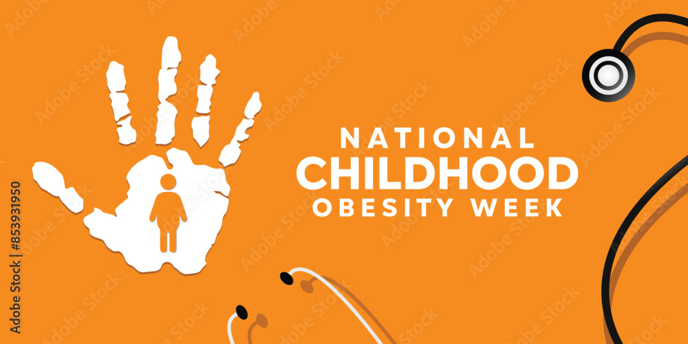 National Childhood Obesity Week. Hand, people icon and stethoscope. Suitable for cards, banners, posters, social media and more. Orange background. National Childhood Obesity Week. Hand, people icon and stethoscope. Suitable for cards, banners, posters, social media and more. Orange background.