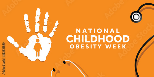 National Childhood Obesity Week. Hand, people icon and stethoscope. Suitable for cards, banners, posters, social media and more. Orange background.