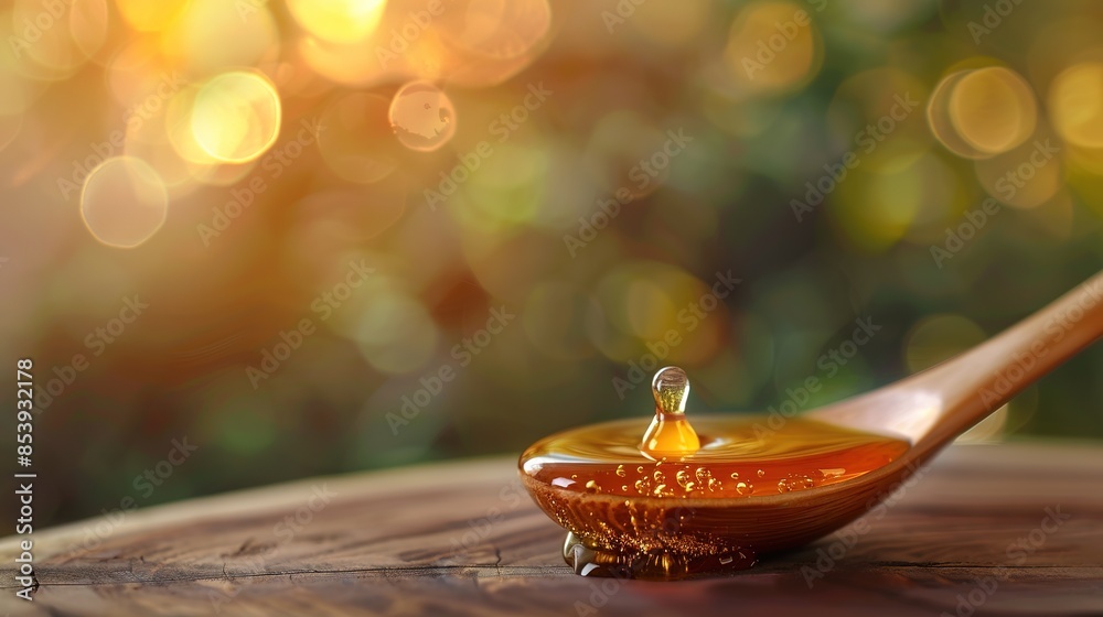 A spoonful of honey dripping onto a wooden surface A spoonful of honey dripping onto a wooden surface