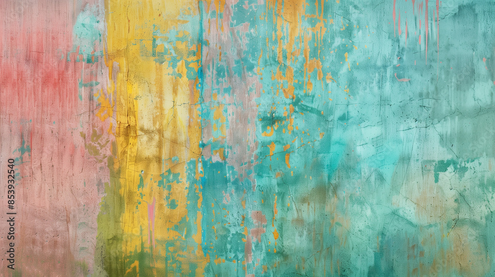 Rustic Textured Wall with Tropical Paradise Color Washing Technique. Aged effect. Palette of turquoise, pink, yellow, green, and blue, with subtle variations in hue and tonality. High-resolution. Rustic Textured Wall with Tropical Paradise Color Washing Technique. Aged effect. Palette of turquoise, pink, yellow, green, and blue, with subtle variations in hue and tonality. High-resolution.