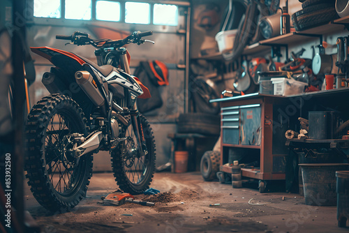 Dirt Bike in a Rustic Workshop