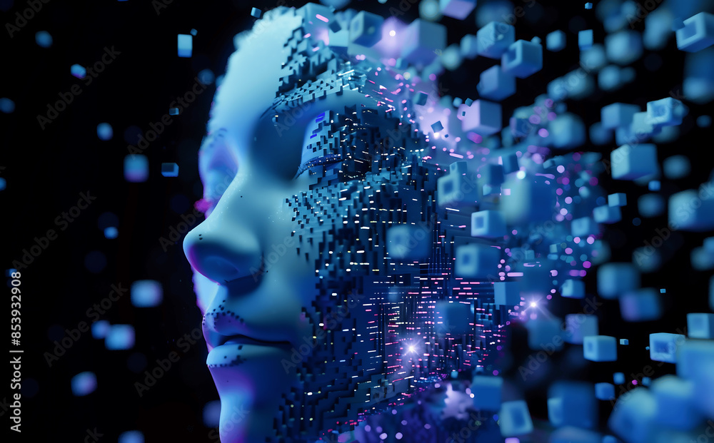 Obraz premium Futuristic head dissolving into cube particles