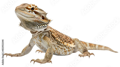 A close-up of a bearded dragon lizard looking upward,cutout on transparent backgrounds. photo