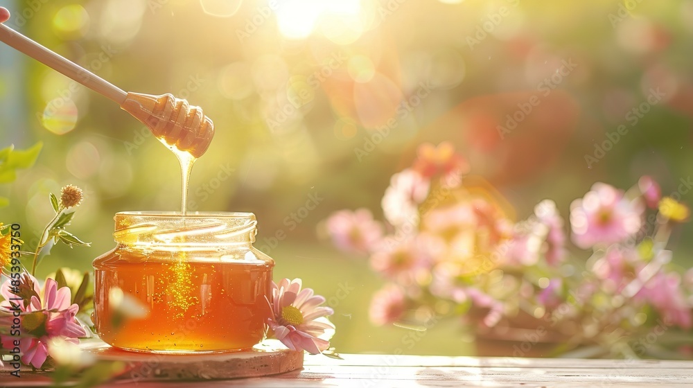 Honey dripping from wooden spoon into jar Honey dripping from wooden spoon into jar