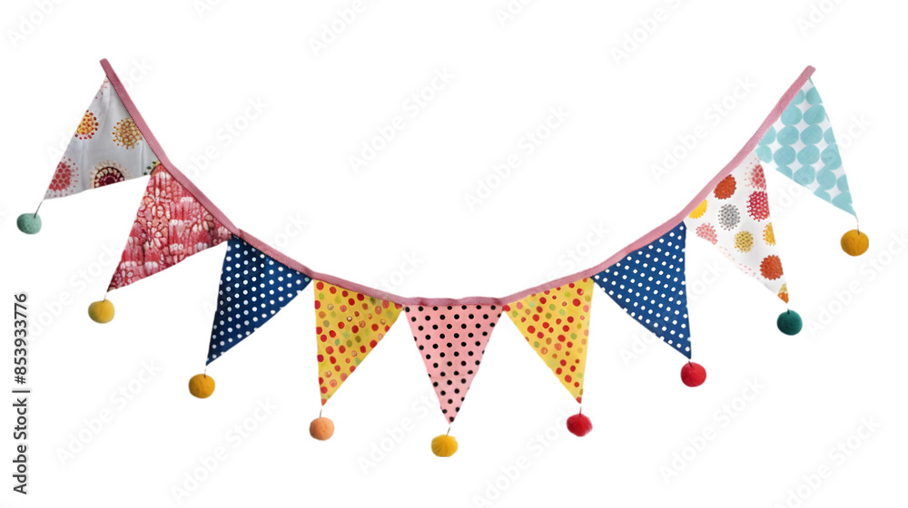 Obraz premium A string of colorful pennant flags with various patterns and pom-poms,cutout on transparent backgrounds.