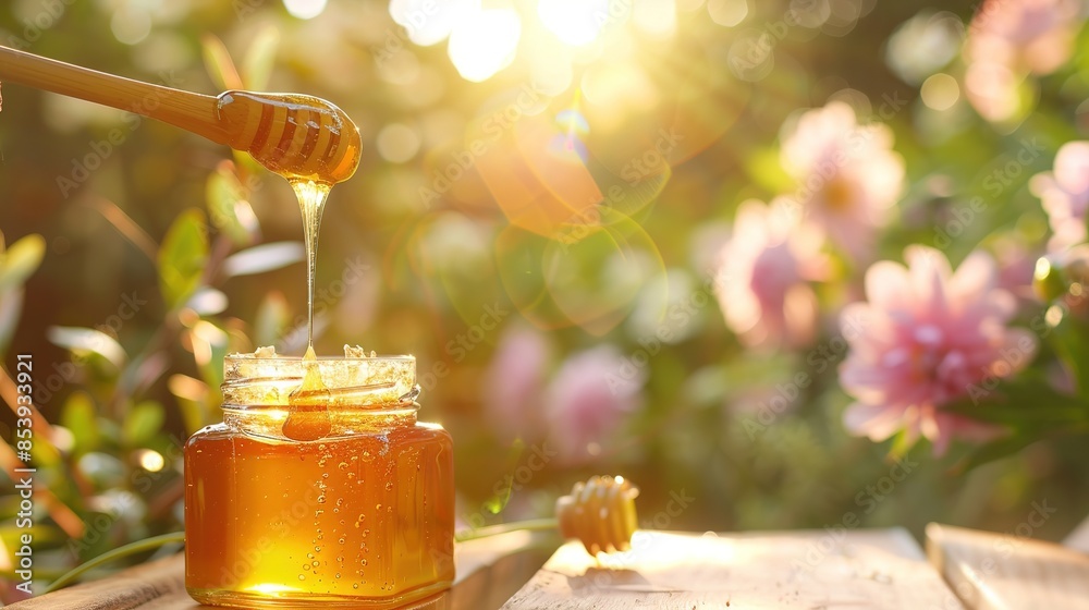 Honey dripping from wooden spoon into jar for graphic design Honey dripping from wooden spoon into jar for graphic design