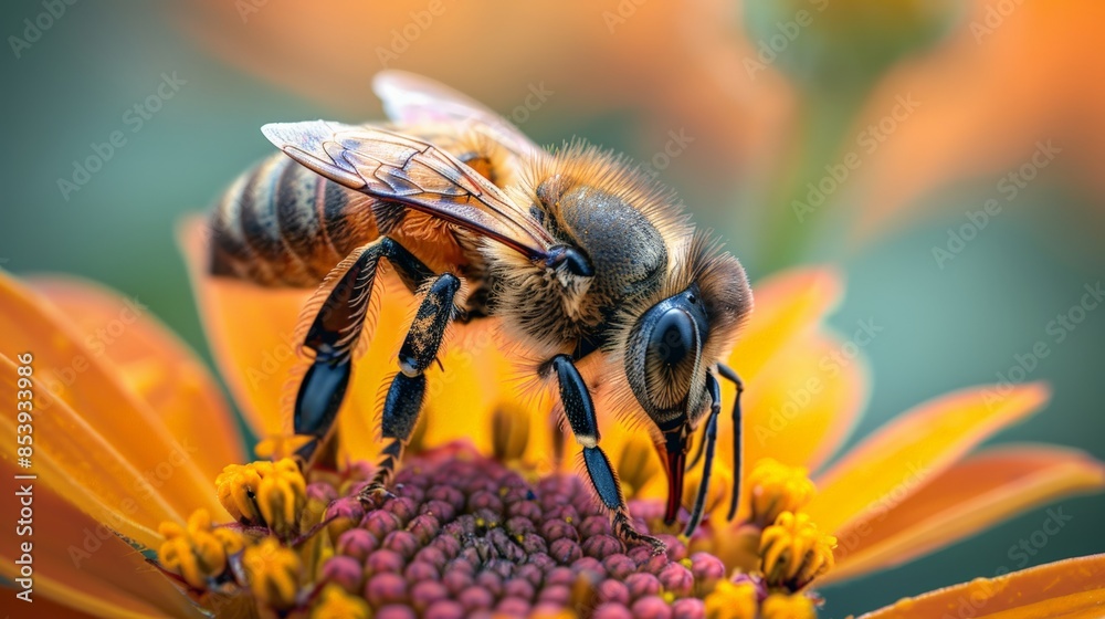 Bee on a Flower: Illustrate a bee collecting nectar from a blooming flower. Focus on the bee's texture and the flower's vivid colors, with empty space for advertising text. Bee on a Flower: Illustrate a bee collecting nectar from a blooming flower. Focus on the bee's texture and the flower's vivid colors, with empty space for advertising text.