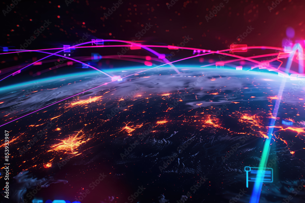 Global network connecting cities from space at night with glowing lines