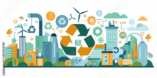 An illustration of a modern city with a large recycle symbol at the center, representing the circular economy
