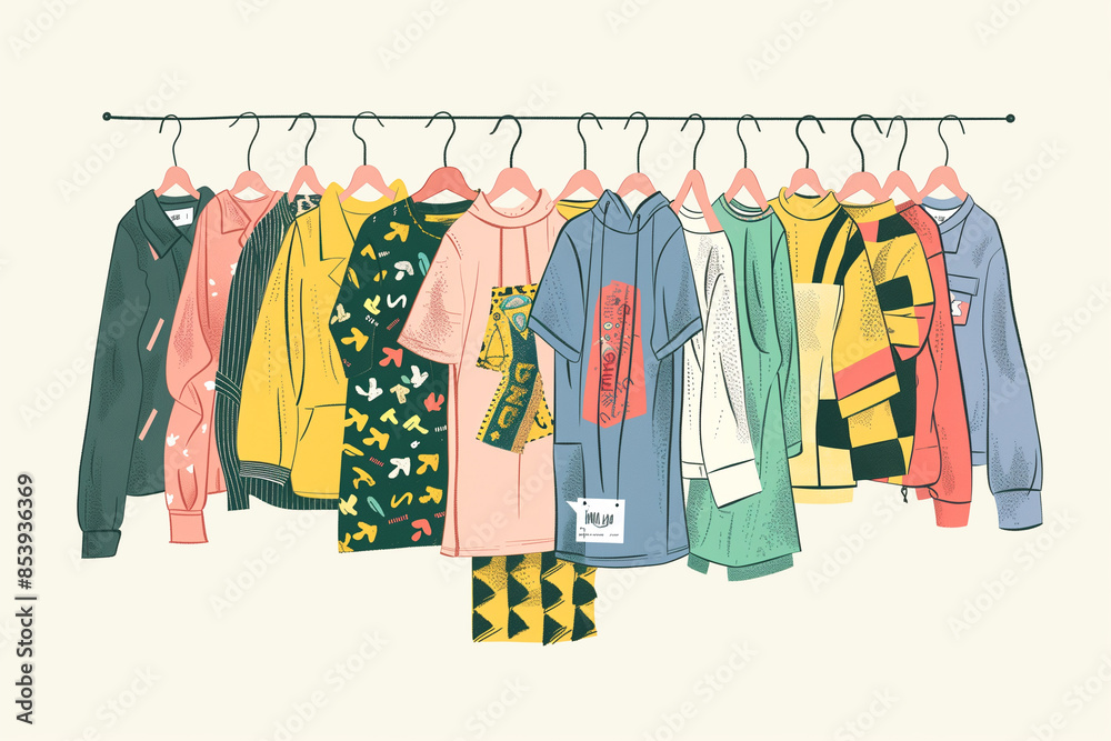 A flat illustration of colorful clothing hanging on a rack A flat illustration of colorful clothing hanging on a rack