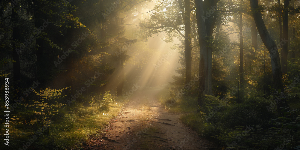 Naklejka premium A serene forest path illuminated by golden sunlight filtering through the trees and mist
