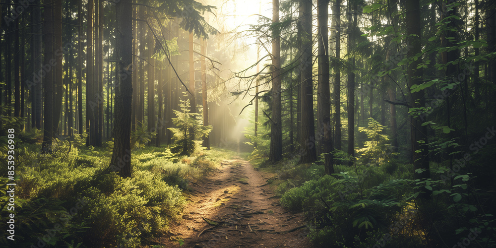 Obraz premium A quiet forest path with sunlight filtering through the trees
