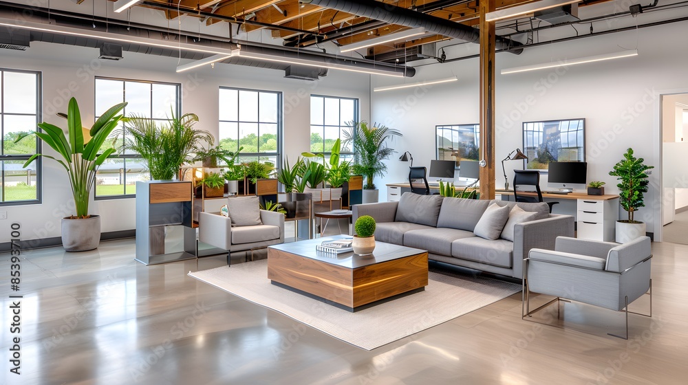 A modern tech company's office with sleek, open-plan workspaces and collaborative areas, highlighting a dynamic and innovative work environment. List of Art Media: Photograph inspired by Spring A modern tech company's office with sleek, open-plan workspaces and collaborative areas, highlighting a dynamic and innovative work environment. List of Art Media: Photograph inspired by Spring