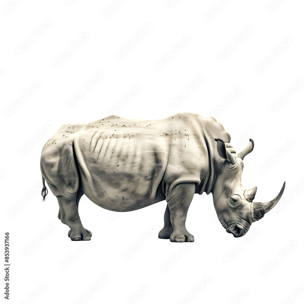 Obraz premium White Rhinoceros Grazing Isolated on White Background,cutout on transparent backgrounds.