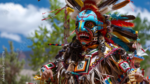 Hopi warrior in traditional kachina mask and colorful attire, dancing ceremonially.


 photo
