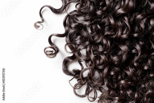 A woman's long, curly hair with a white background, perfect for hair salon, hair advertisement