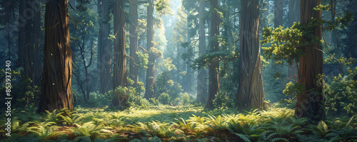 A majestic redwood forest, with towering trees reaching towards the sky and a carpet of ferns covering the forest floor.